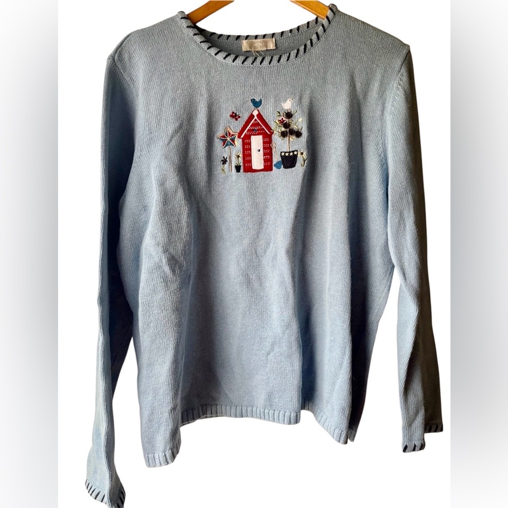 CJ banks Sweater Winter Birds Hand Embroidered XL Blue Raime Cotton